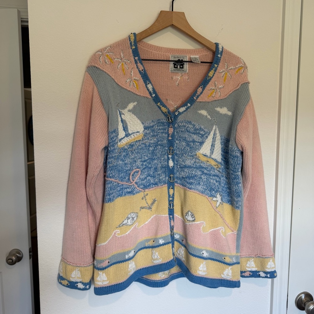 Storybook Knits Coastal Beach Cardigan sz Large Pink Blue Thick Knit Sweater